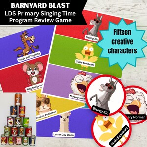 Könnte beinhalten: Ein farbenfrohes Spielset namens "Barnyard Blast" mit fünfzehn kreativen Charakteren. Das Set enthält illustrierte Karten mit Tierfiguren und einen Stapel dekorierter Dosen. Auf den Karten stehen Namen wie "Bishop Ric" und "Susie Sunbeam".