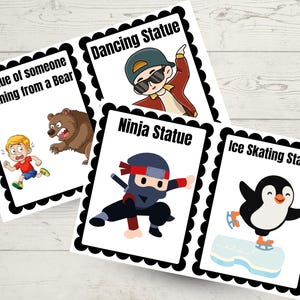 May include: Four illustrated cards with black scalloped borders. The cards feature cartoon images of a bear chasing a boy, a dancing figure, a ninja, and a penguin ice skating. Each card has a title: "Statue of someone Running from a Bear", "Dancing Statue", "Ninja Statue", and "Ice Skating Statue".