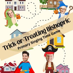 Pode incluir: Ilustração colorida para um jogo infantil intitulado "Trick-or-Treating Bishopric Primary Singing Time Game". A imagem apresenta casas de desenhos animados, figuras fantasiadas e um caminho pontilhado. As figuras estão vestidas de dinossauro, mago, super-herói e pirata.