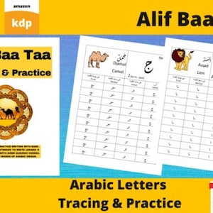 Könnte beinhalten: Ein Alif Baa Taa Tracing & Practice Buchcover mit einer Kamelillustration in einem kreisförmigen Rahmen, neben zwei Innenseiten mit arabischen Schreibübungsrastern, Tierzeichnungen und Text inklusive 110 und 8.5*11 Abmessungen.
