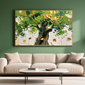 Green Gold Abstract Tree Art Set of 5, Modern Textured Landscape, Digital Download