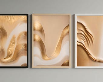 Set de 5 láminas decorativas doradas para pared, impresiones abstractas en beige y dorado, descarga digital minimalista