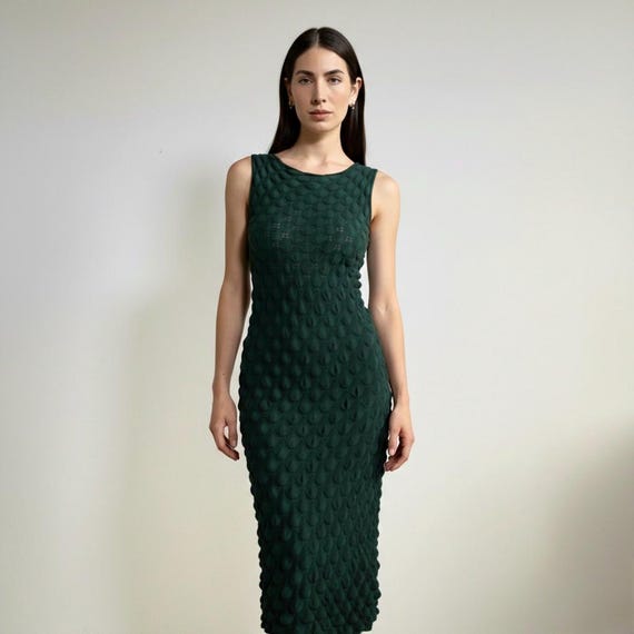 Bottle Green Midi Dress With 3D Texture - Size XS/S - Elegant and Fitted -  Etsy Australia