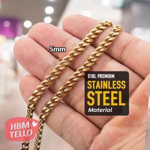 18K Gold Mens Gold Chain, 5mm Gold Chain, Waterproof Gold Cuban Necklace Men, Stainless Steel Curb Cuban Necklace