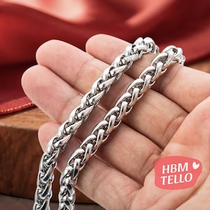 8mm Wheat Link Chain Necklace, Men Silver Wheat Link Chain, Waterproof Men's Chain Necklace, Stainless Steel Chain