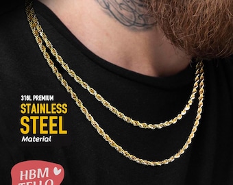 18K Gold Rope Chain Necklace, Waterproof Non Tarnish Gold Rope Chain Necklace, 5mm Mens Gold Rope Chain, Stainless Steel Gold Rope Chain