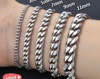 Silver Bracelet Men, Silver Cuban Chain Bracelet for Men, Stainless Steel Curb Link Bracelet, Men's Jewelry Gift