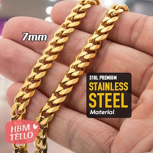 18k Gold Necklace Chain, Mens Cuban Curb 7mm Gold Plated Chain Necklace, Mens Gold Chain, Gold Cuban Link Chain For Men, Mens Jewelry