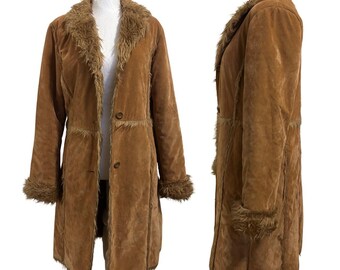 Vintage Brown Suede Shearling Coat: Women's Long Trench Overcoat