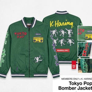 Chaqueta bomber vintage de Keith Haring Members Only Tokyo Pop: ropa urbana universitaria verde con cremallera imagen 9