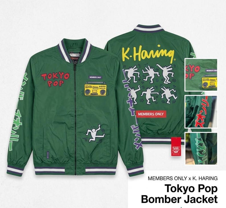 Chaqueta bomber vintage de Keith Haring Members Only Tokyo Pop: ropa urbana universitaria verde con cremallera imagen 9