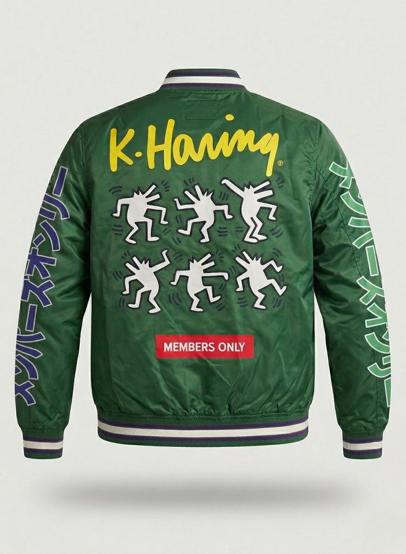 Chaqueta bomber vintage de Keith Haring Members Only Tokyo Pop: ropa urbana universitaria verde con cremallera imagen 2