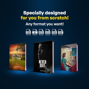 May include: Three book covers with unique designs. The first features a landscape with the text "The Song of the Meadow." The second cover is black and white with the text "NEVER QUIT." The third cover has a woman at a soundboard with the text "Echoes in the Room."