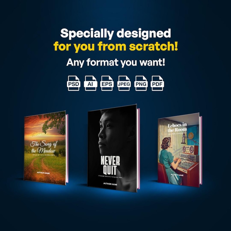 May include: Three book covers with unique designs. The first features a landscape with the text "The Song of the Meadow." The second cover is black and white with the text "NEVER QUIT." The third cover has a woman at a soundboard with the text "Echoes in the Room."