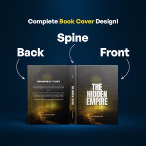 May include: A book cover design featuring the front, spine, and back of a book titled "The Hidden Empire." The front cover has the title in large, bold white letters. The back cover includes text about the book's contents. The design is set against a dark, atmospheric background.