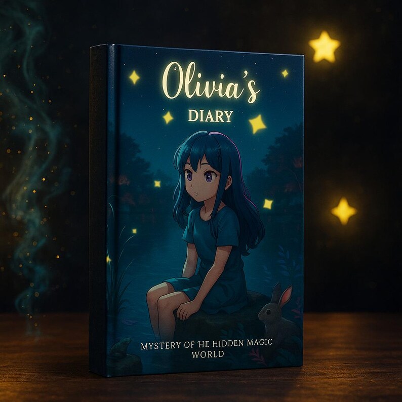 May include: A hardcover diary titled "Olivia's Diary" with an illustration of a girl sitting by water. The cover is dark blue with gold stars and text. The bottom of the diary reads "Mystery of the Hidden Magic World."