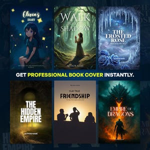 Puede incluir: Una colección de seis portadas de libros con temas de fantasía y aventura. Las portadas presentan ilustraciones de una niña, una mujer en un bosque, rosas heladas, siluetas y dragones. El texto incluye títulos de libros y la frase "Get Professional Book Cover Instantly."