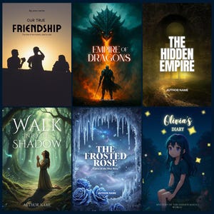 May include: A collection of six book covers with fantasy themes. Titles include "Our True Friendship," "Empire of Dragons," "The Hidden Empire," "Walk Into The Shadow," "The Frosted Rose," and "Olivia's Diary." Each cover features unique artwork and typography.