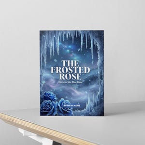 May include: A book cover with the title "The Frosted Rose" against a backdrop of a starry night sky and icicles. The cover features blue roses at the bottom and the text "Curse of the Blue Rose" and "Author Name".