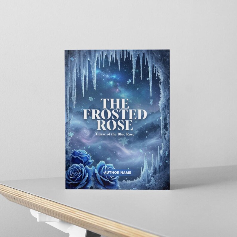 May include: A book cover with the title "The Frosted Rose" against a backdrop of a starry night sky and icicles. The cover features blue roses at the bottom and the text "Curse of the Blue Rose" and "Author Name".
