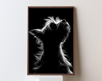Peut inclure: Une impression d'art encadrée en noir et blanc représentant un chien regardant vers le haut. La silhouette du chien est mise en valeur par des poils blancs sur fond noir. L'impression est dans un cadre en bois brun foncé, créant un contraste saisissant.