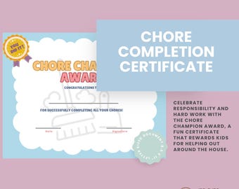 Chore Champion Award | Printable Kids Certificate | Responsibility and Good Behavior Award