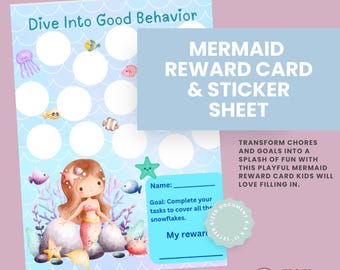 Printable Mermaid Reward Card & Sticker Sheet  | Behavior Incentive Sticker Chart | Good Habits Tracker