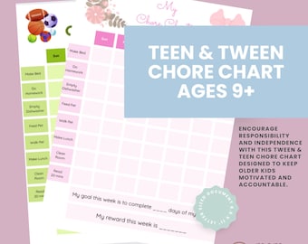 Puede incluir: Un cuadro de tareas para adolescentes y preadolescentes, a partir de 9 años, con una pancarta azul claro que dice "Teen & Tween Chore Chart Ages 9+". El cuadro incluye espacios para tareas y recompensas.