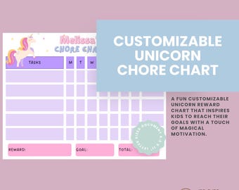 Customizable Unicorn Chore Chart | Editable Kids Reward Chart | Printable Canva Template