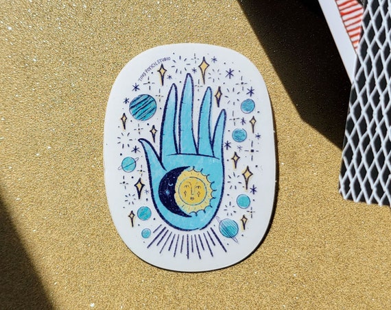 Celestial Planets Galaxy Clear Sticker | Aesthetic Witchy Sticker | Hand with Sun & Moon Waterproof Sticker