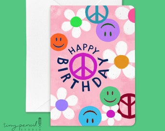 Y2K Happy Birthday Card | Smiley Face Peace Sign Floral Card (Single Greeting Card)