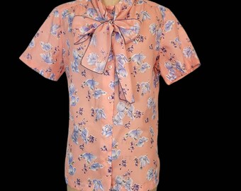 Vintage 50s Floral Blouse: Pink Cottagecore Bow, Size M