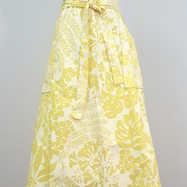 Vintage 70s Yellow Wrap Skirt. Hand Print by Ruth Clarage. Like New M to L