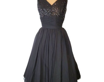 Vintage 1950s Cocktail Dress. Party Dress. Mam'Selle by Betty Carol. Little Black Dress.  Silk Chiffon. Sequins. XSmall