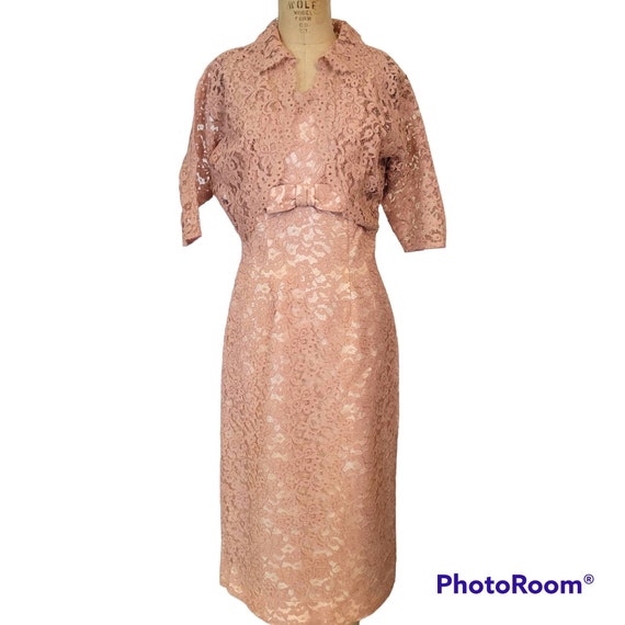 Vintage 1960s Dark Dusty Pink Lace Dress. Matchin… - image 1