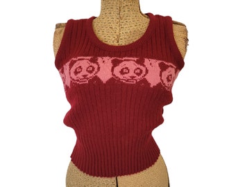 Vintage 1970s Pullover Sweater Vest. Pandas. Maroon Intarsia Cable Knit Sleeveless. Mod Fashion. Sm to Med