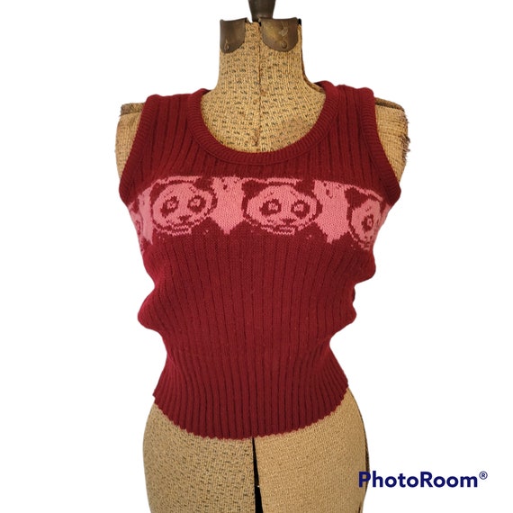 Vintage 1970s Pullover Sweater Vest. Pandas. Maro… - image 1