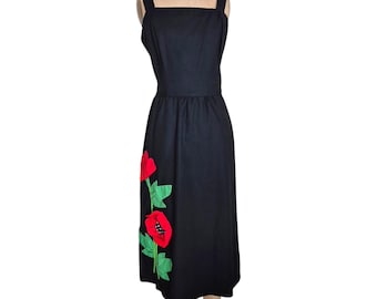 Vintage 1970s Catherine Carr Appliqued Dress. Black Cotton/Blend. Sleeveless. Bold Floral Appliques. Approx Small to Medium.