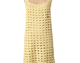 Vintage 1960s Crocheted Shift Dress, Yellow Cotton Sleeveless, Small