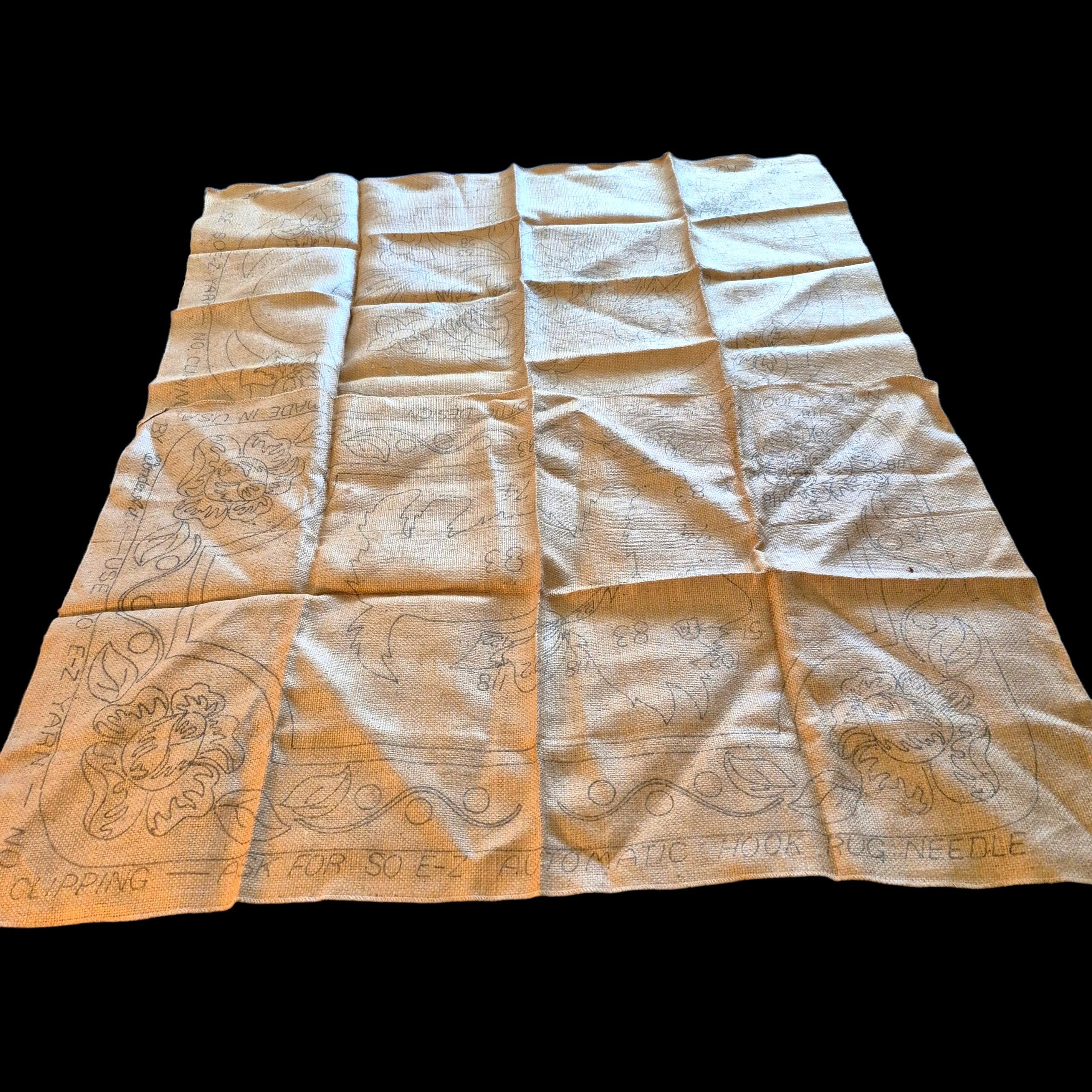 Vintage 1947 Printed Burlap Panels for Rug Hooking. Pair. Wonder Art Spring 1947. One Scottie & Floral and One Floral. 27 x 40. Unused.