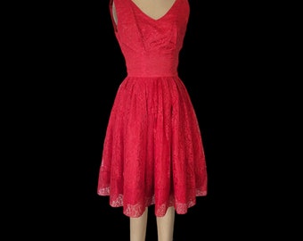 Vintage 1950s Dress. Red Lace Over Acetate Lining. Sleeveless. Full Skirt. TNT Label. XSmall. Petite.