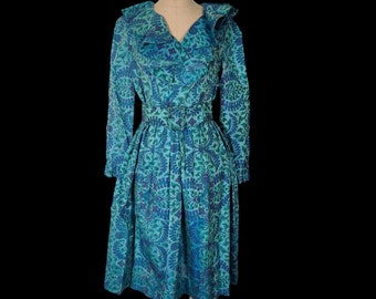 Vintage 60s 70s Blue Thai Silk Short Dress. Ruffled Collar. Wide Belt & Narrow Belt. Small Petite