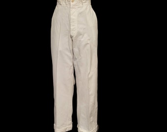 1920s-1930 Men's Spring Summer Trousers.Heavier Weight Linen Cotton. Five Button Fly. Suspender Buttons. Cuffed. Not Pleated. 32/30.