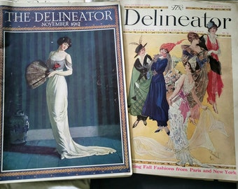 Lot of Eight (8) Antique Delineator Magazines. 1911-1919. Period Fashions. Some Color Illustrations. Period Advertisements. Edwardian.