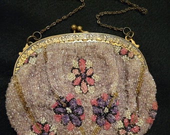 Edwardian Beaded Purse: Art Nouveau Floral Handbag, Made in France