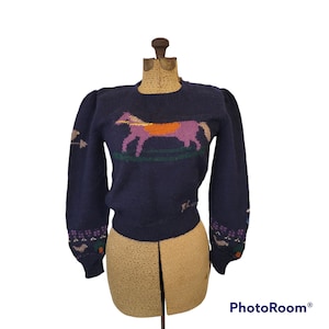 May include: A navy blue knitted sweater with a purple horse design and colorful accents. The sweater has puffed sleeves and a crew neck.