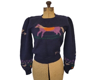 Vintage 1980s Vintage RL83 Limited Ed. Ralph Lauren Handknit Made in Great Britain Wool Novelty Sweater Horse Sm to M Sm