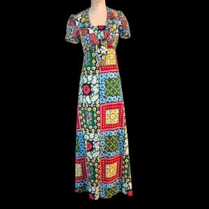 Vintage 1960s Early 70s Maxi Sun Dress Matching Tie Front Bolero. Terri Juniors, California. Patchwork Floral Print. Cotton or Blend. Small.