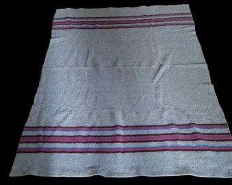 Vintage 1930s Pendleton Blanket. 1932 - 1940 label. Gray. Red Blue Black Stripes. 78 x 62