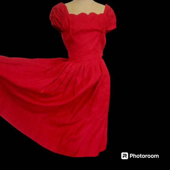 Vintage 1950s to Earliest 60s Red Dress. Damask Rose Patterned Fabric. Scalloped Neckline. Low V Back. Small Vintage 1950s to Earliest 60s Red Dress. Damask Rose Patterned Fabric. Scalloped Neckline. Low V Back. Small